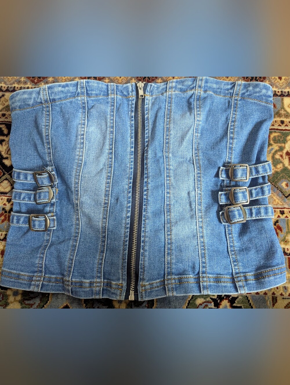 Forever 21 Light Blue Denim Corset Crop Top with Buckle Straps